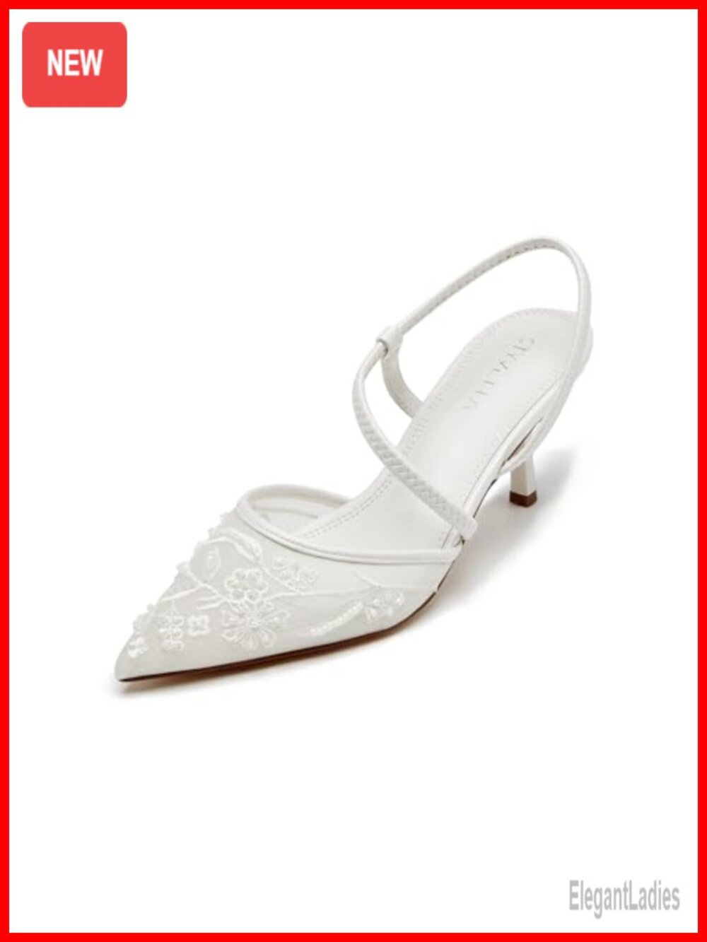 Kitten Heel Slingback Mesh Pumps Pointed Toe Pearl Embroidered